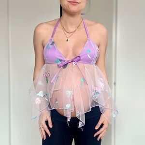 Handmade Y2K Fairycore Mushroom Babydoll Halter Top – Lilac Purple - Size S
